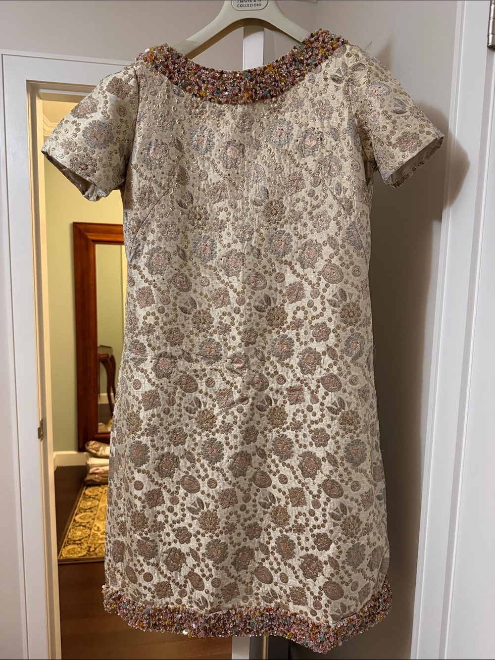Cream Brocade Midi Dress with Beaded Trim